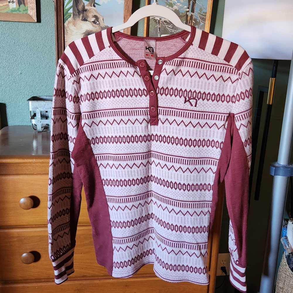 Red and White Patterned Long Sleeve Henley